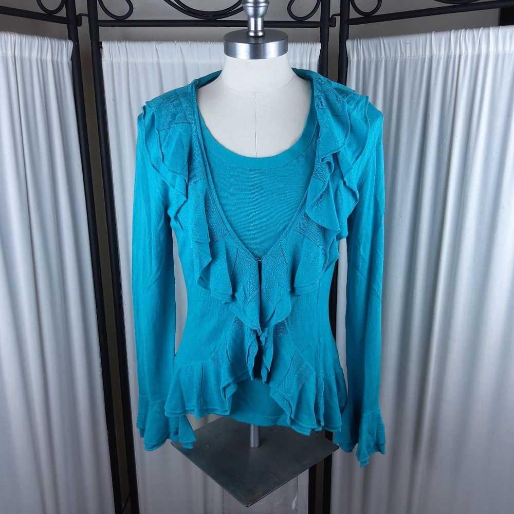 Lafayette 148 Two Piece Knit‎ Cardigan and Knit Tank Top Set, Acqua, Size S